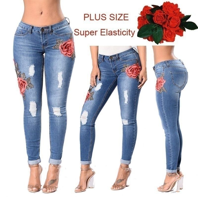 best women fashion plus size rose embroidered ripped jeans female plus size stretch jeans