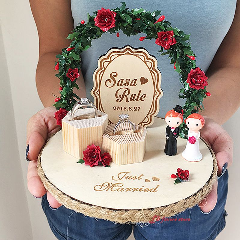Personalised Rustic Safflower Ring Pillow Wood Bride Groom Engagement Ring Holder Pillows Marriage Proposal Wedding Day Decoration