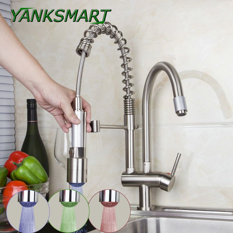 Yanksmart Pull Up Down Kitchen Faucet Brushed Nickel Led Light Swivel Sink Basin Brass Torneira Cozinha Tap Mixer Faucets