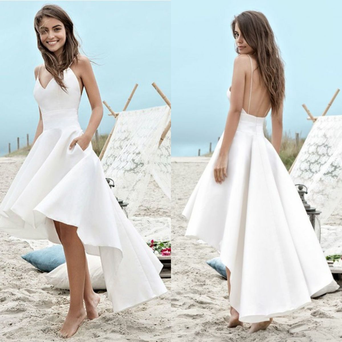 Discount Cheap White Beach Wedding Dresses Aline Front Short Long