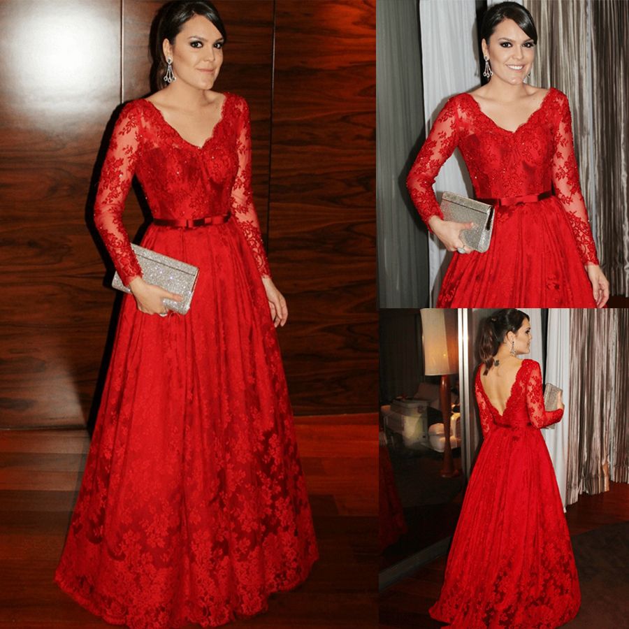 Elegant V Neck Lace Applique Red Prom Dress Belt Long Sleeves Beads ...