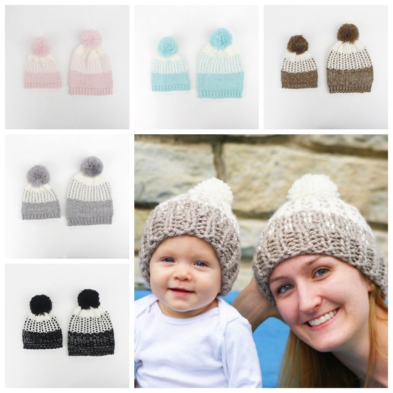 2 Pcs Set Famille Chapeau Assorti Solide Tricoté Bonnet Bébé Pompons Chapeaux Automne Hiver Crochet Mode Nouveau Né Beanies Photo Props Ffa998 - 