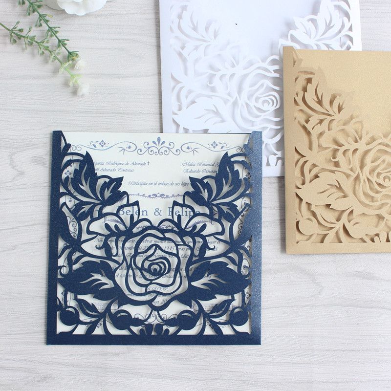rose laser cut wedding invitation pocket navy blue white gold flower wedding invitation pocket