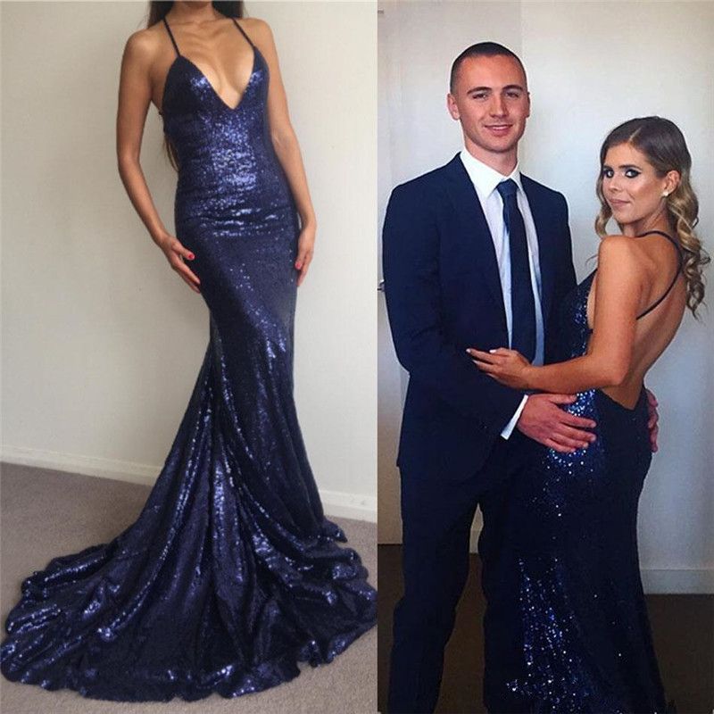 navy blue flowy prom dress