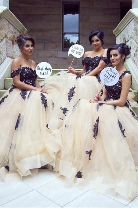 black and champagne bridesmaid dresses
