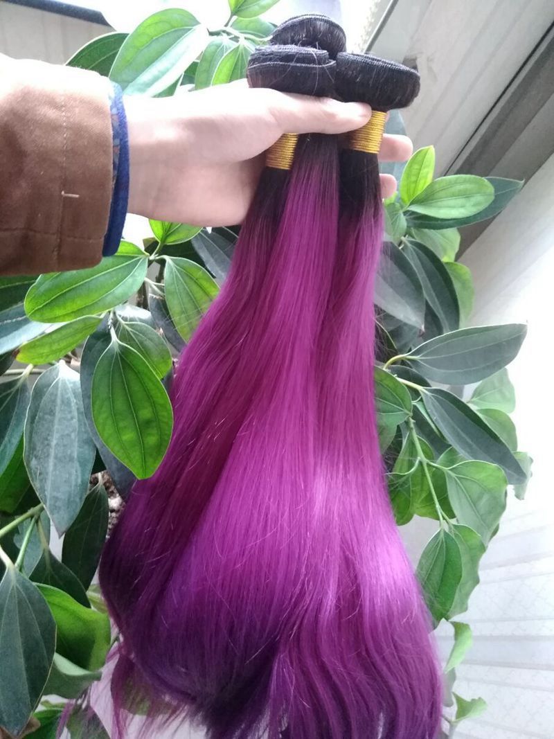 Ombre Purple Hair Ombre Hair Extensions Two Tone Weaves 100g Black
