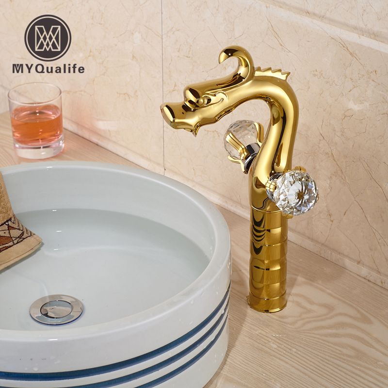 Modern Double Cristal Handles Golden Bathroom Vessel Sink Faucet Animal Shape Mixer Taps