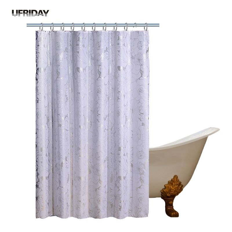 Ufriday Luxury Waterproof Shower Curtain Silver Floral White