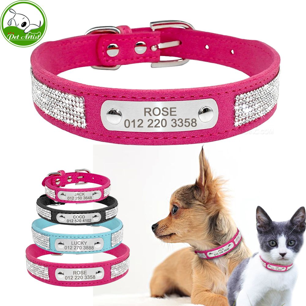 2019 soft rhinestone engraved dog collar for small medium dogs