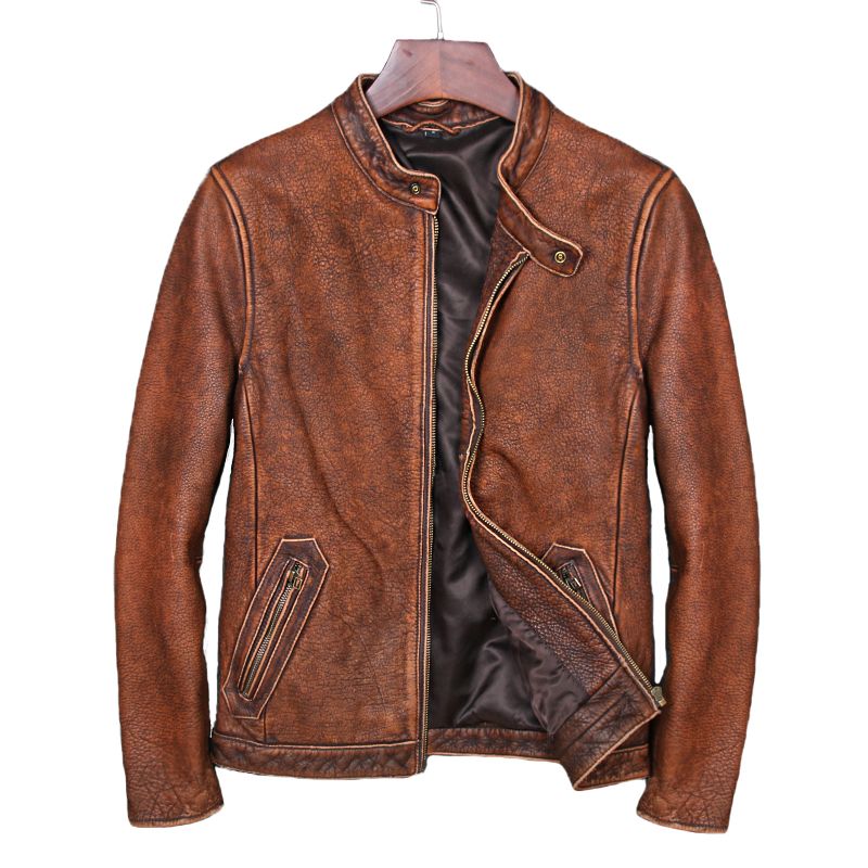 2018 Motorcycle Racing Leather Jacket Brown Stand Collar 2018 Motorcycle Racing Leather Jacket Brown Stand Collar Vintage Genuine Biker Coat For Men Plus Size From Amazingweilai