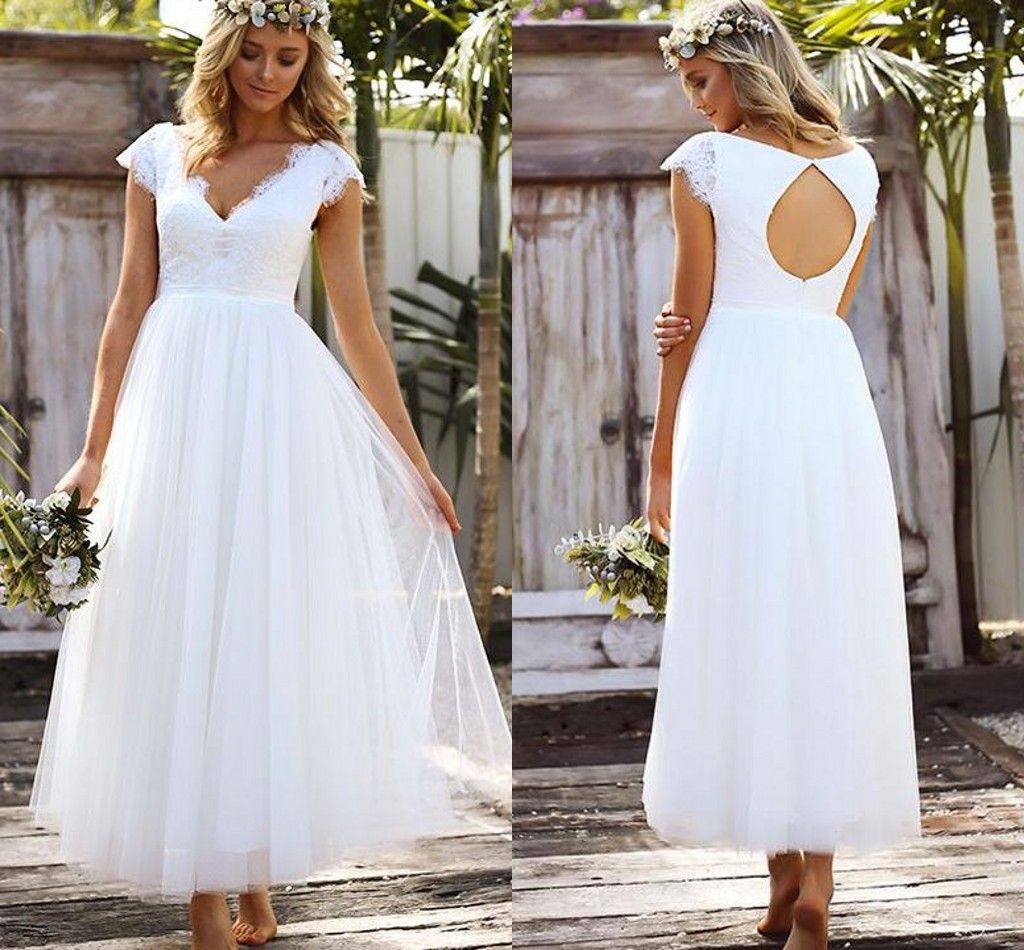 Short V Neck Beach Wedding Dress