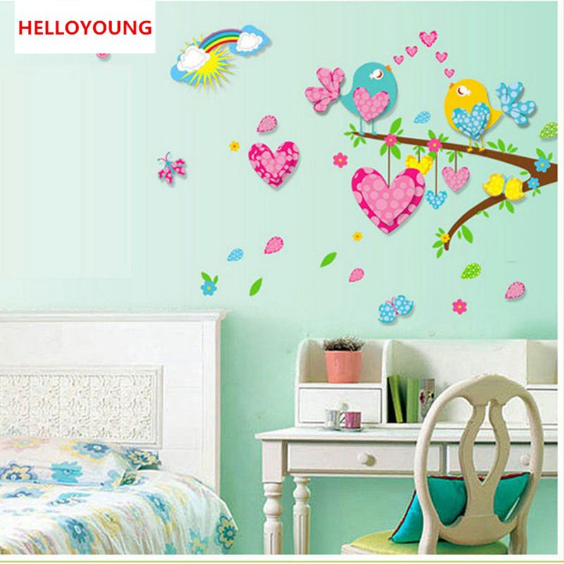 stickers wall sticker,heart love bird on the colorful branc, 3d