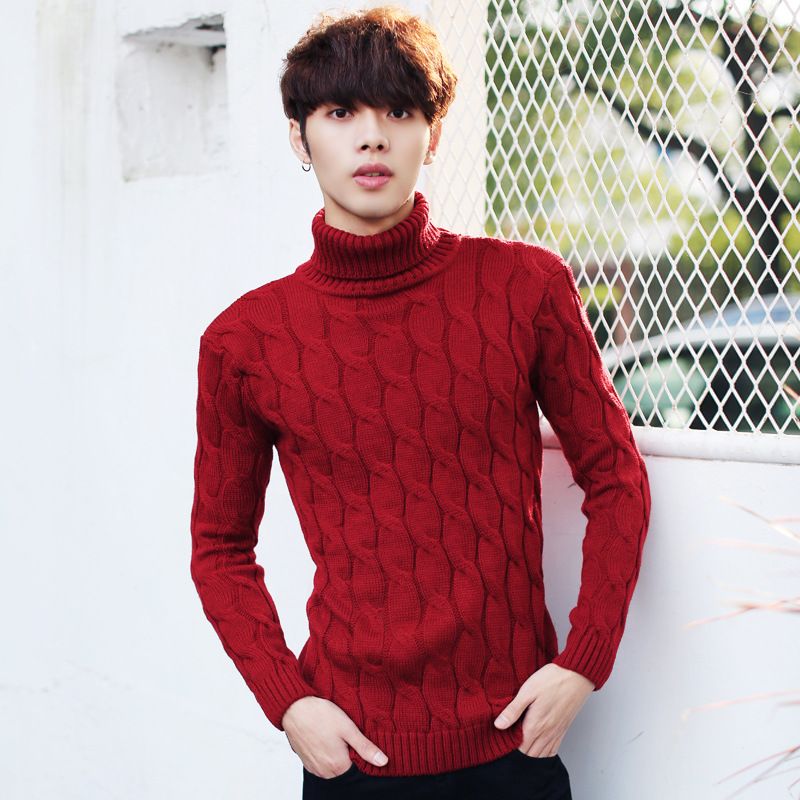Men Thicken Wool Autumn Winter Knitted Turtleneck Red Sweater Pullovers ...