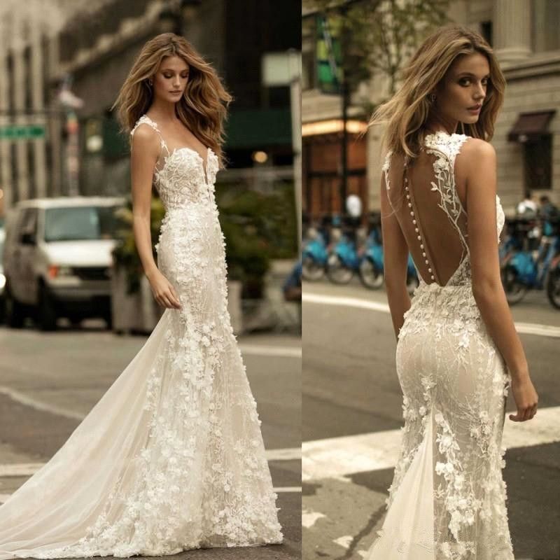 2018 Berta Sheer Mesh Top Lace Mermaid Wedding Dresses