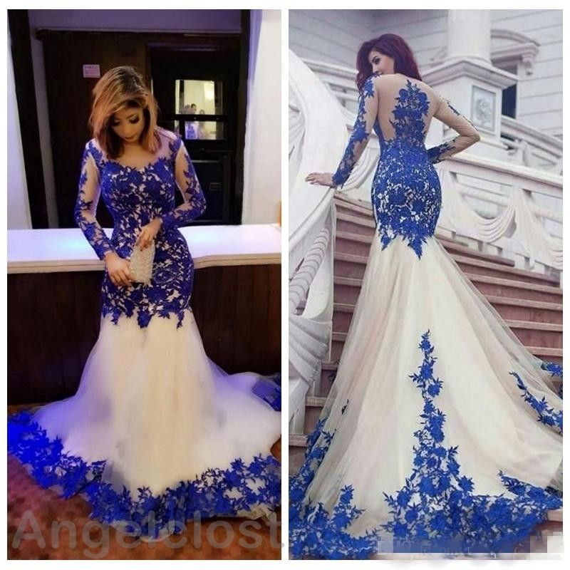 Arabic Mermaid Evening Dresses 2019 Royal Blue Appliques Illusion Long ...