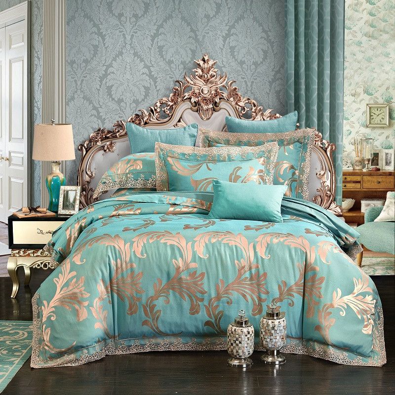 4pcs Queen King Size Luxury Jacquard Lace Bedding Set Blue Silver Green Cotton Bed Cover Duvet Sheet Pillowcase