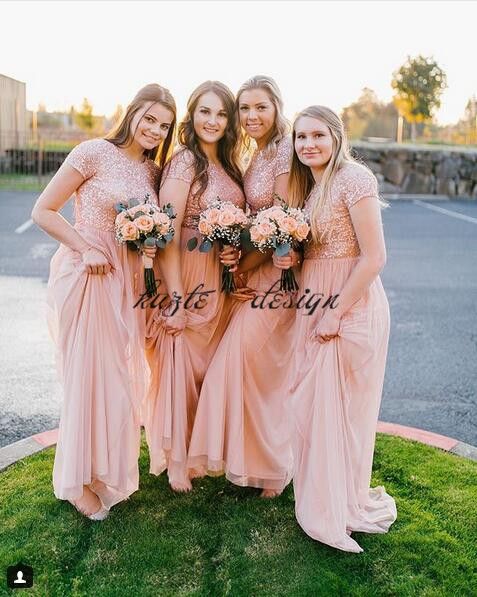 Blush Peach Sequins Country Long Bridesmaid Dresses with Sleeves 2018 ...