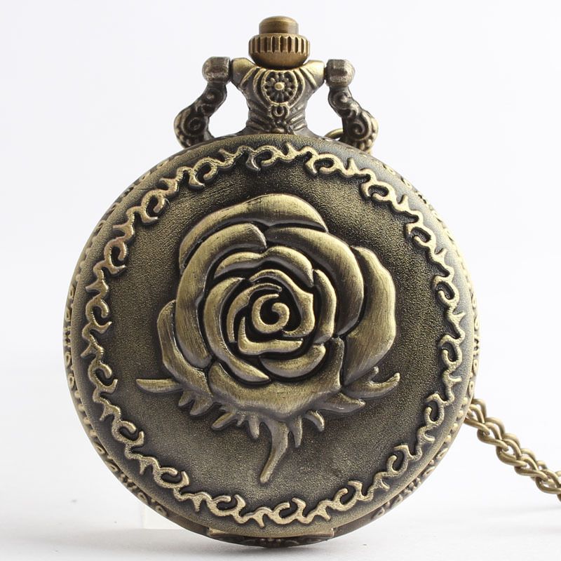Antique Rose Flower Quartz Pocket Watch With Necklace Pendant Chain