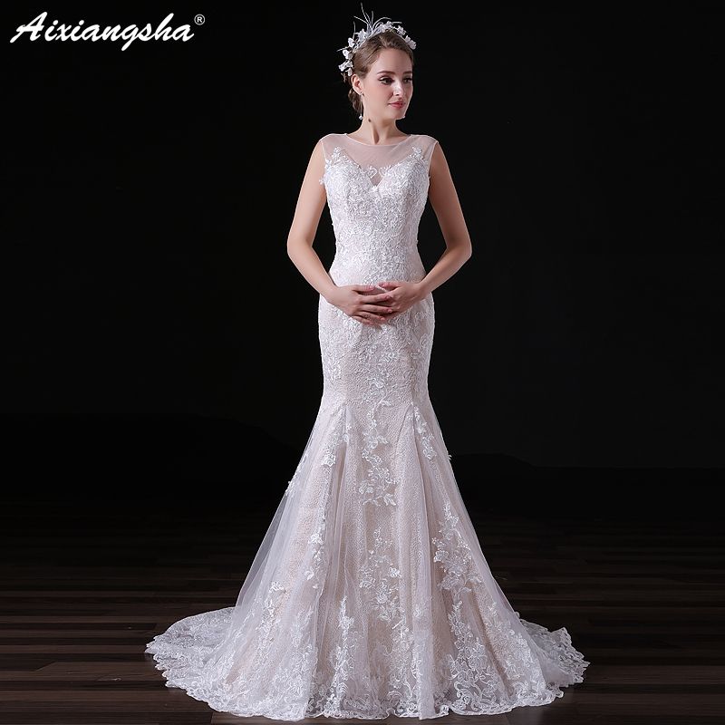 Cheap White Lace Mermaid Wedding Dress Scoop Wedding Gowns Long