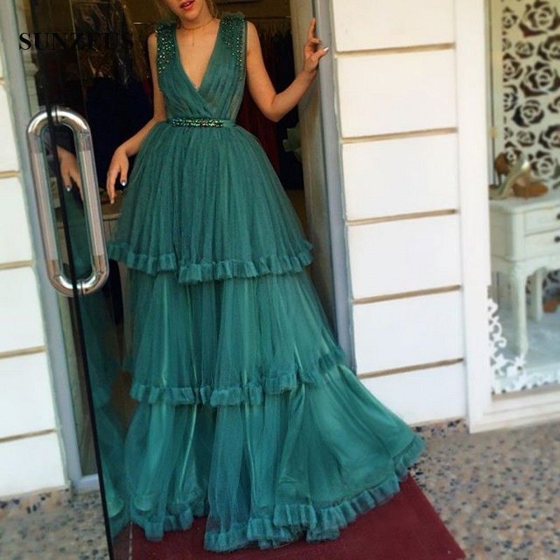 Dark Green Tulle Evening Gowns Tiered Skirt With Ruffles Party Dress ...