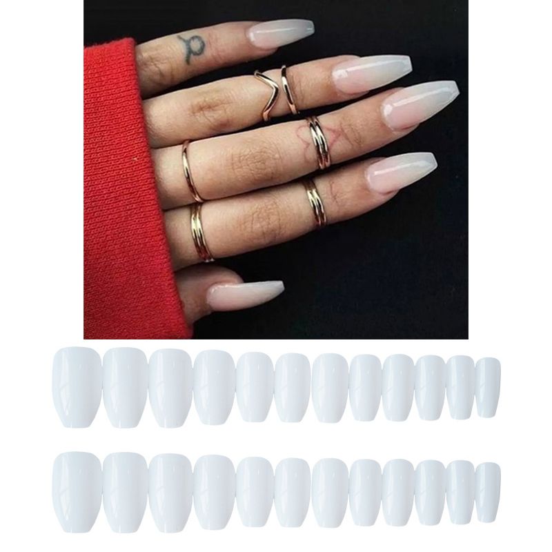 Long Ballerina False Nails Pre Design White Coffin Shaped Nail Art Long Ballerina False Nails Pre Design White Coffin Shaped Nail Art