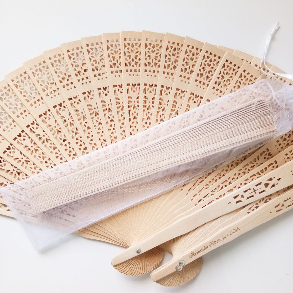 Custom Logo Wooden Hand Fans Wedding Fan Favors With Organza Bag For
