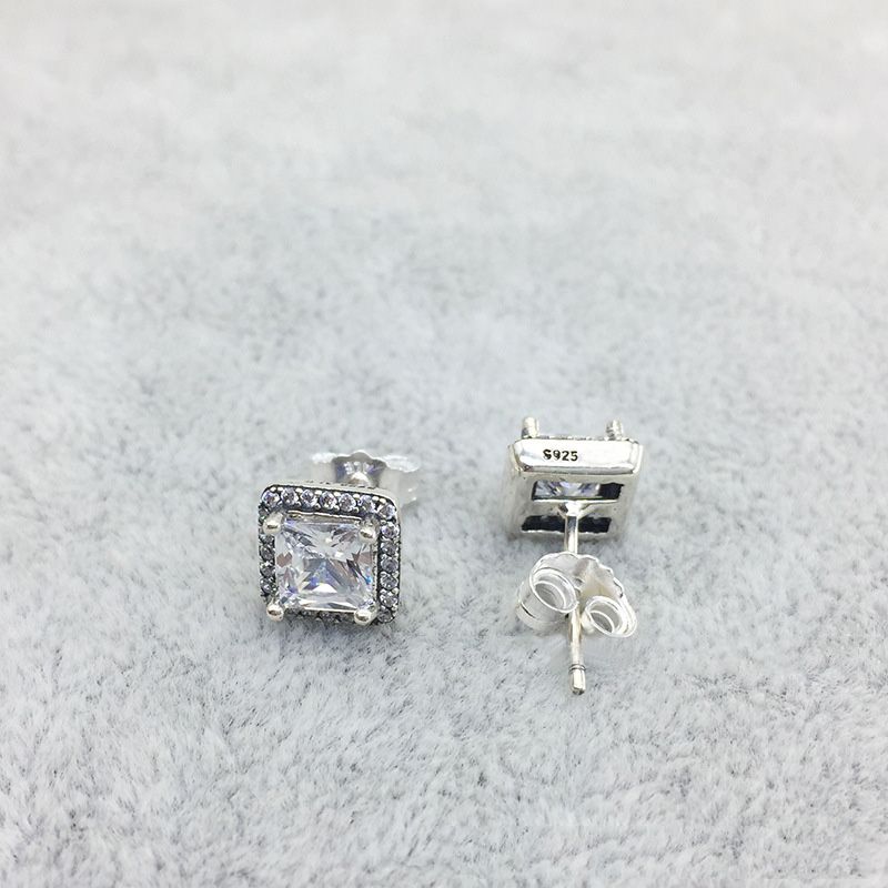 2021 925 Sterling Silver Square Big CZ Diamond Earring Fit Pandora