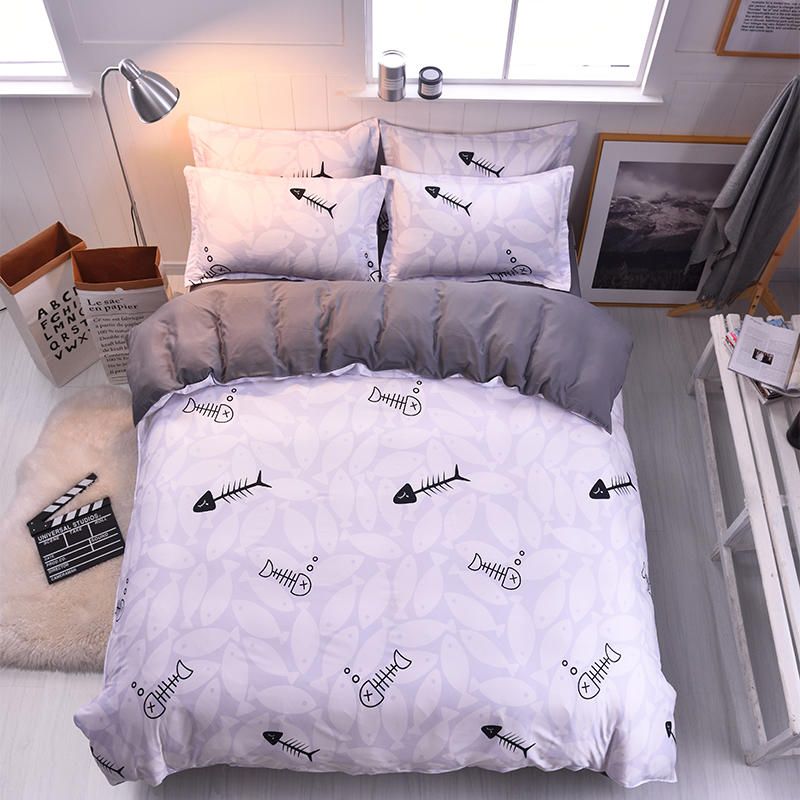 Cartoon Fish Bone Bedding Sets Quilt Duvet Comforter Cover 4pcs Twin Queen Boys Kids Pillowcases Gray Bed Sheet Linen