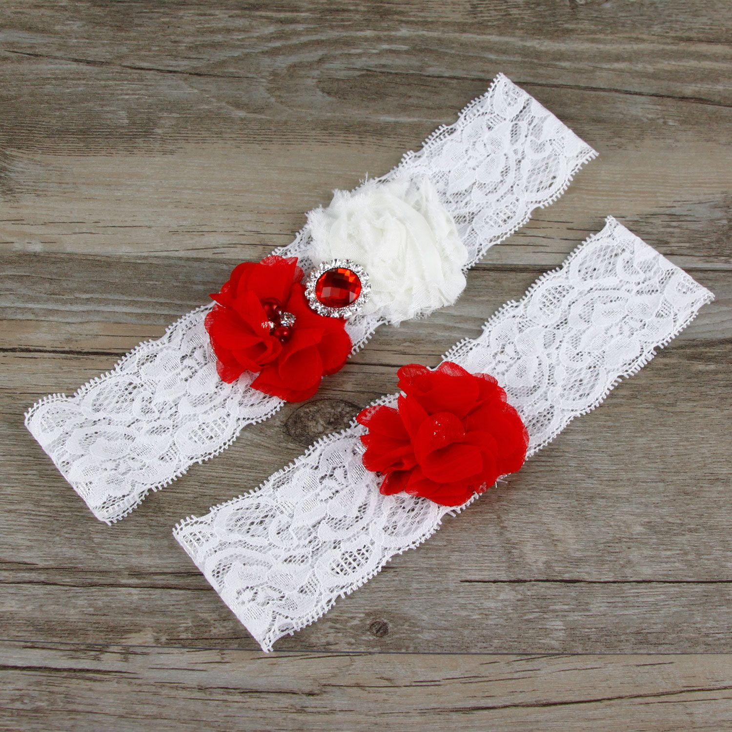 Two Piece Lace Wedding Garters Set Bridal Chiffon Flowers