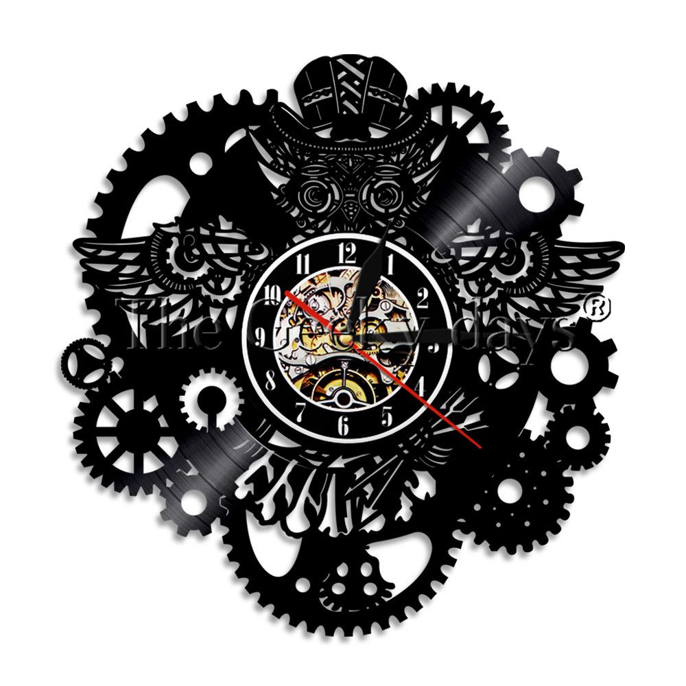 1piece Owl Steampunk Turtle Fish Wall Clock Gear Cogs Time Decor Cogwheels Vinyl Record Modern Home