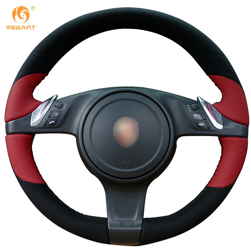 MEWANT Red Leather Black Suede Steering Wheel Cover For Porsche Cayenne