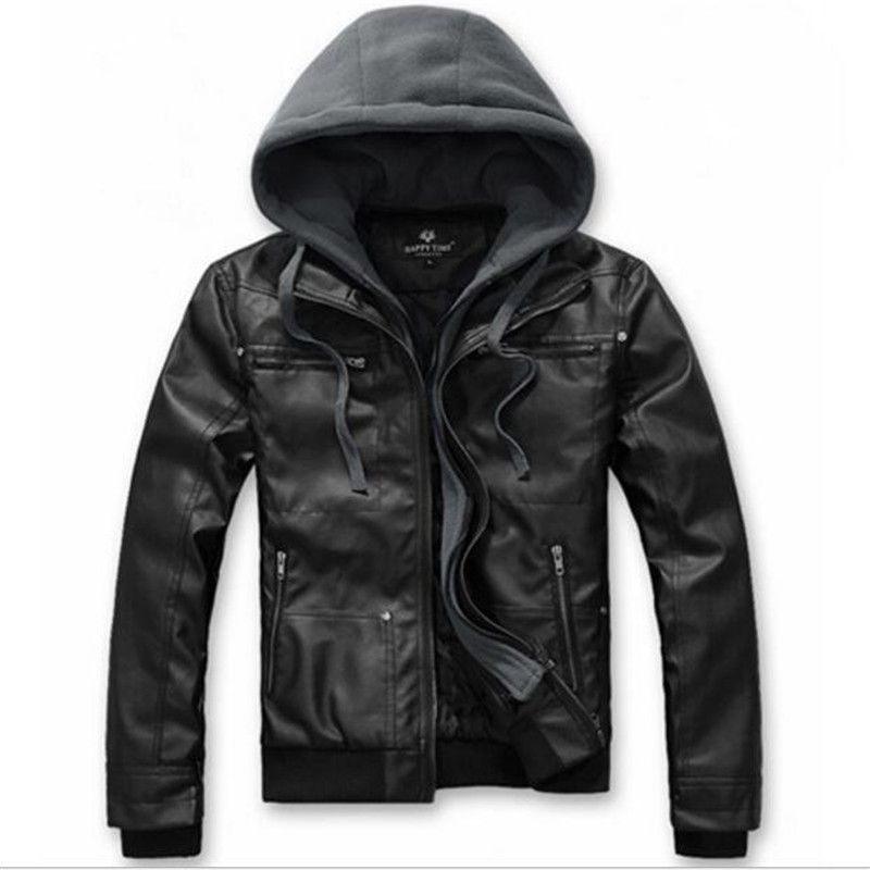 2018 New Men Leather Jacket Motorcycle Hooded Hood Detachable Pu Faux Biker Outwear T0054