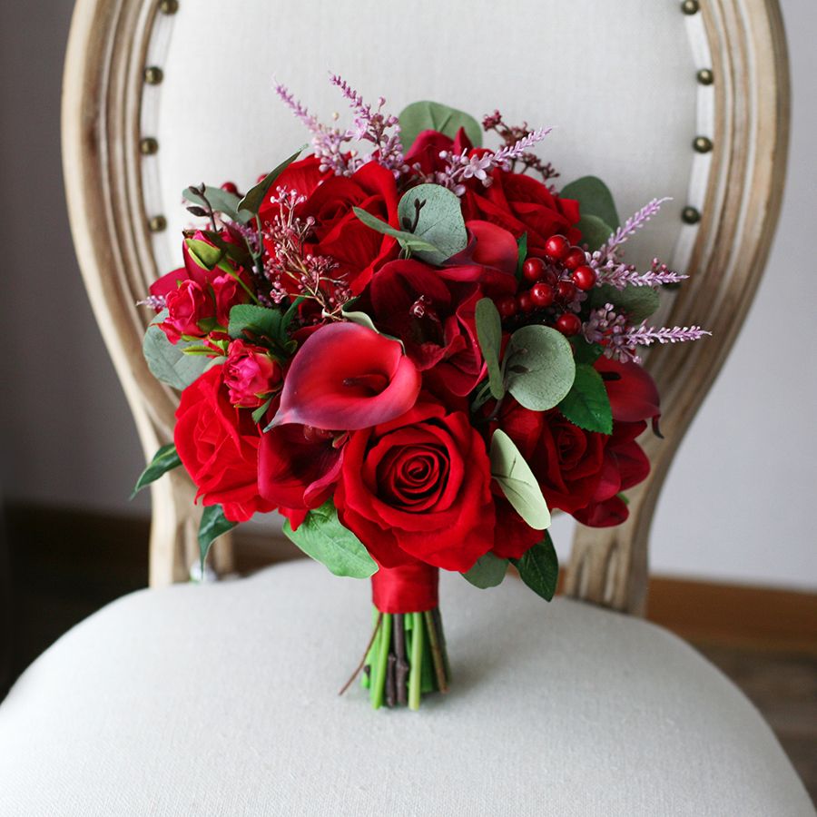 Red Mori Country Artificial Wedding Bridal Bouquets 2019 Rose Berry
