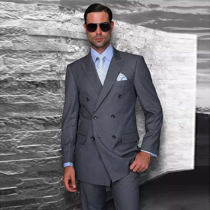 Dark Grey Double Breasted Bride Father Tuxedos Peaked Trim Men'S Formal ...