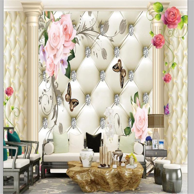 Murales 3D modernos Fondos de fotos personalizados Diamante Soft Roll Rose Jade para sala de estar Fondo Paredes Papeles Decoración para el hogar Flores