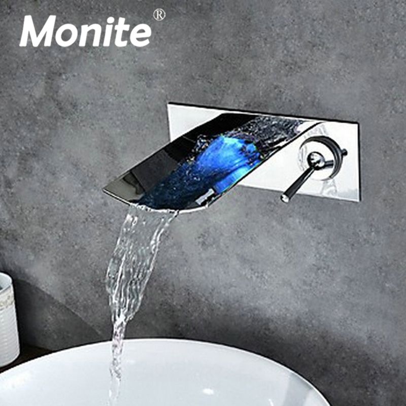 Led Wall Mounted Waterfall Polished Bathroom Faucet Light Vanity Vessel Sinks Mixer Tap Chrome Brass Cold And Hot Water