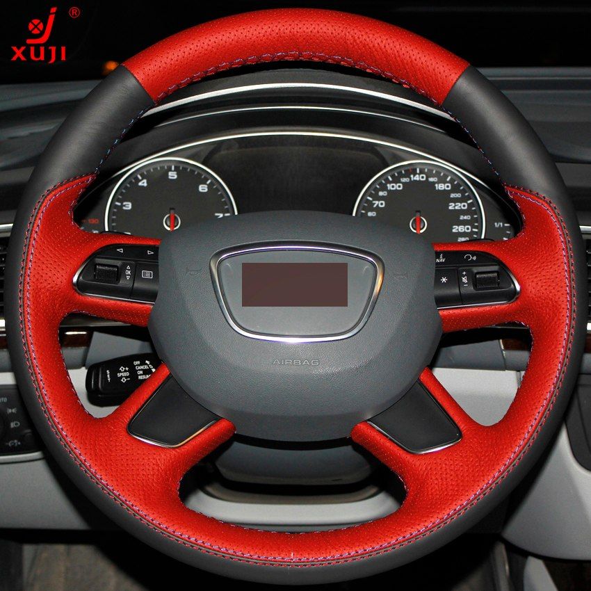 Red Black Genuine Leather DIY Hand Stitched Steering Wheel Cover For