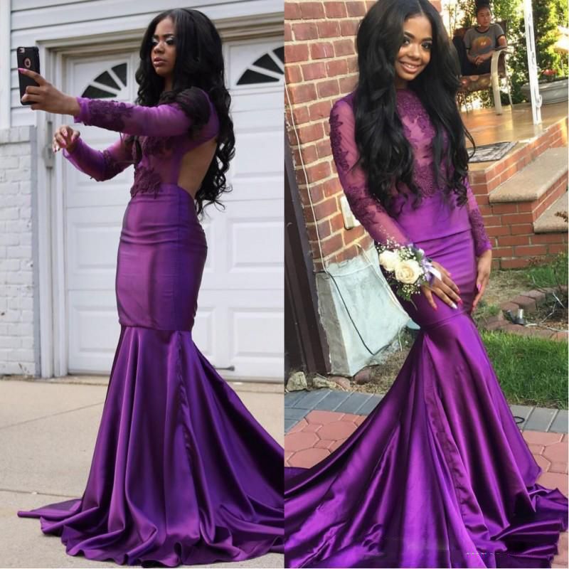 purple long sleeve formal dress