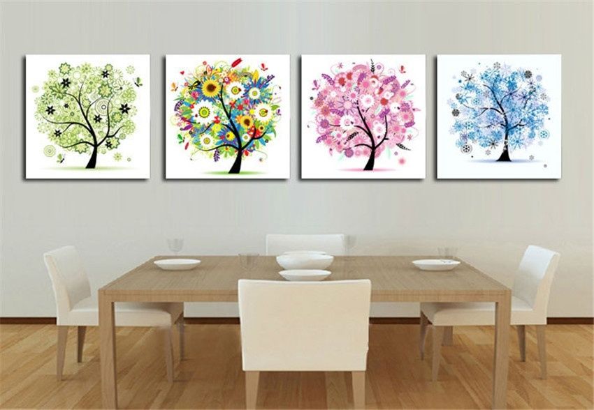 Four Seasons Trees 4 Pieces Canvas Prints Wall Art Oil Painting Home Decor Unframed Framed