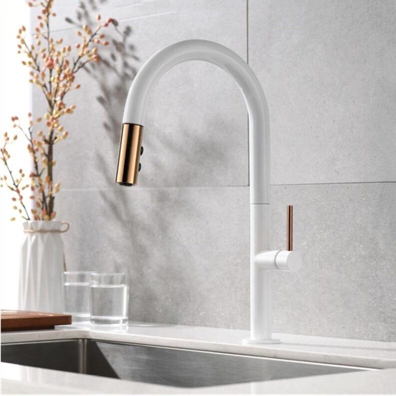 Newly Arrived Pull Out Kitchen Faucet Rose Gold And White Sink Mixer Tap 360 Degree Rotation Taps