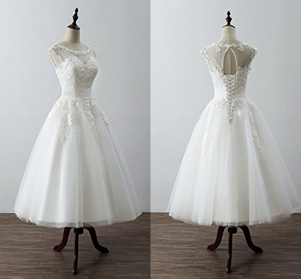 2019 Real Photo Tea Length Short Wedding Dress Cheap Sheer Neck With