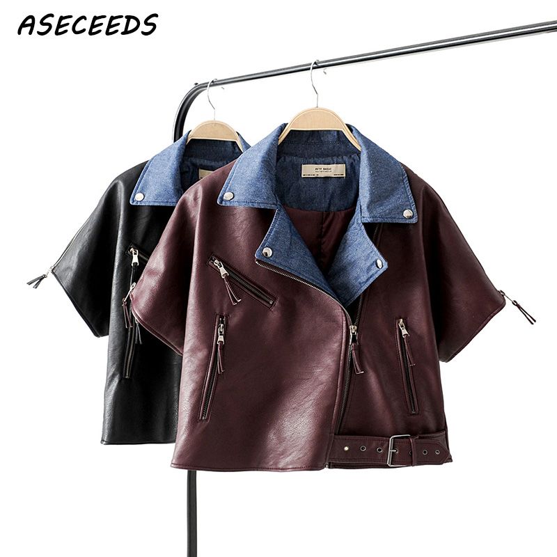 Short Sleeve Leather Jacket Women Turn Down Collar Casacas Para Mujer Zipper Invierno 2018 Jaqueta De Couro