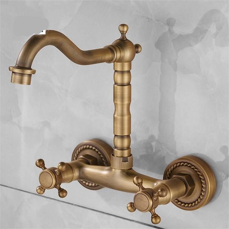 Vintage Copper Water Tap Wall Mounting Type Kitchen Bathroom Sink Faucet Dual Handle Swivel Spout Hydrovalve For Home 100yj Bb