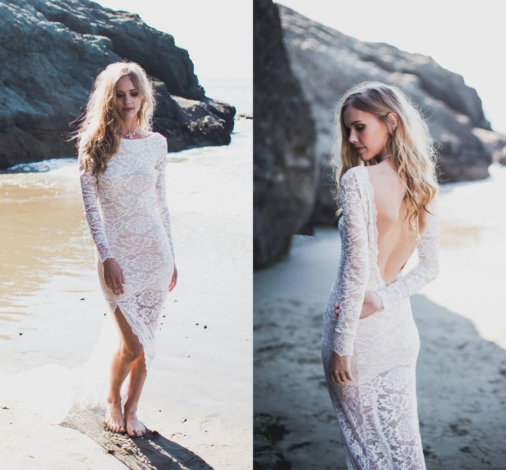 Sexy Open Back Long Sleeves Lace Beach Wedding Dresses 2018 Scoop