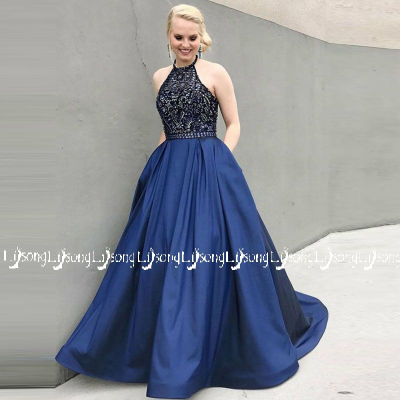 Blue Halter Prom Dress