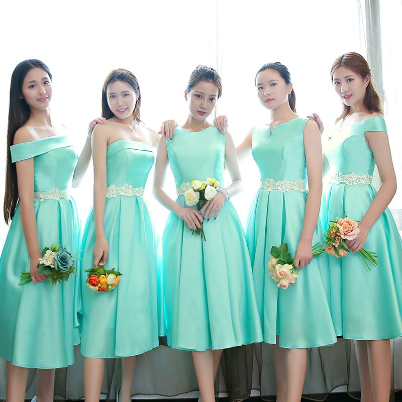 teal tea length bridesmaid dresses