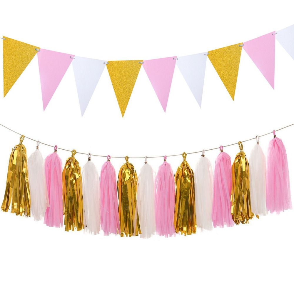 Paper Pennant Banner Flags And Tassels Garland For Birthday Paper Pennant Banner Flags And Tassels Garland For Birthday Party Bridal Shower Wall Decoration Glitter Gold Pink With 19 57 Piece On