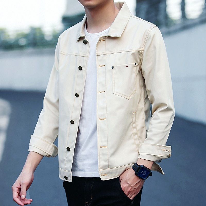 Men'S Solid Spring Summer Jacket Youth Student Youth Fashion Simple Lapel Slim Denim Jacket 