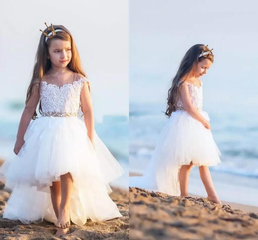 Lovely Ivory High Low Cute Flower Girl Dresses Cap Sleeves Lace