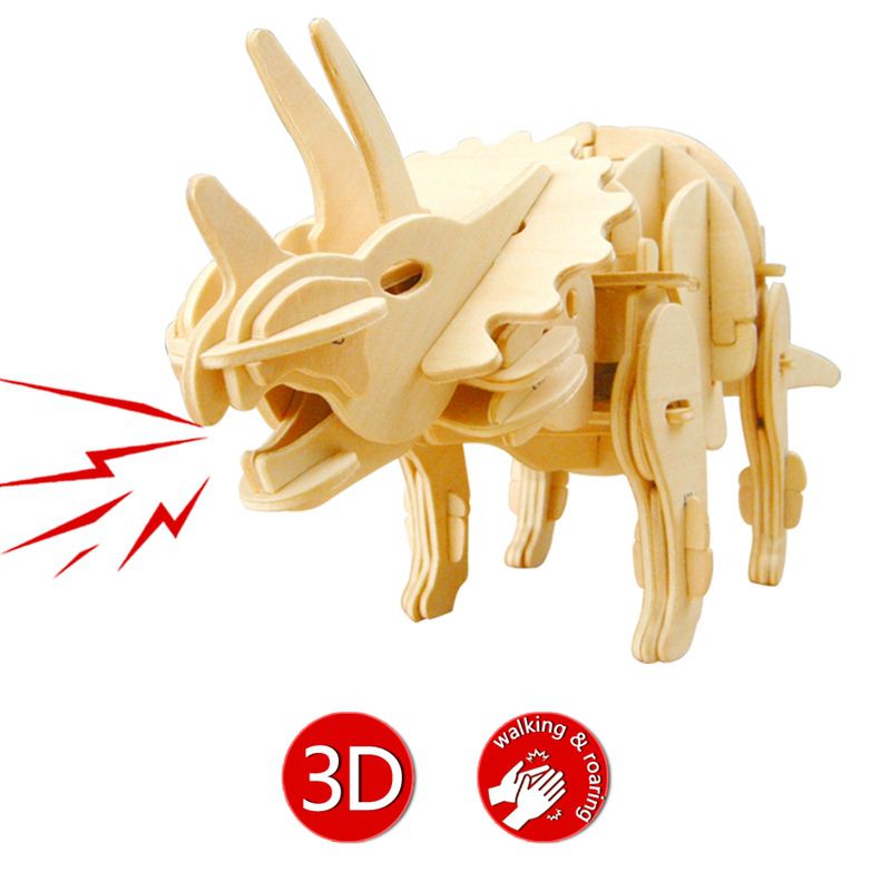 Robotime Diy Biting Walking Triceratops Sound Control Dinosaur Toy 3d Wooden Assembly Mode Gift For Children Hobbies D430